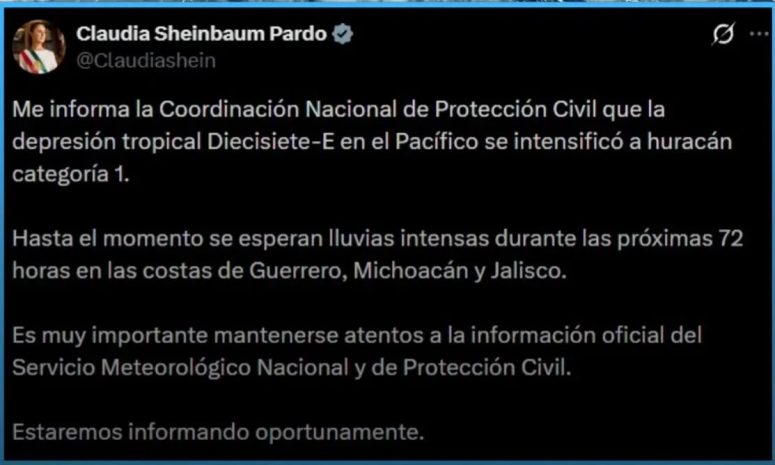 Sheinbaum alerta por lluvias intensas ante avance del huracán Polo