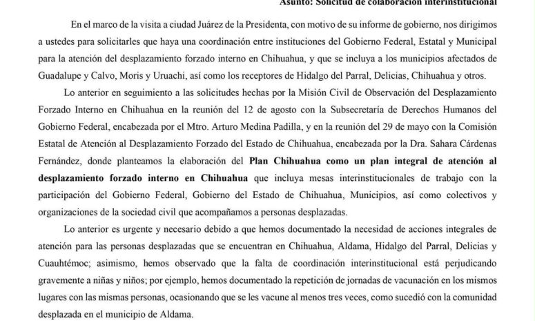 Piden a Sheinbaum y Maru Campos atender desplazamiento forzado en Chihuahua