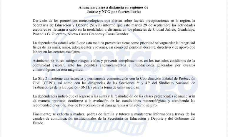 Anuncian clases a distancia por fuertes lluvias