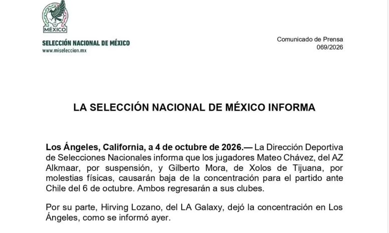 México pierde a Gilberto Mora y Mateo Chávez para el duelo ante Chile