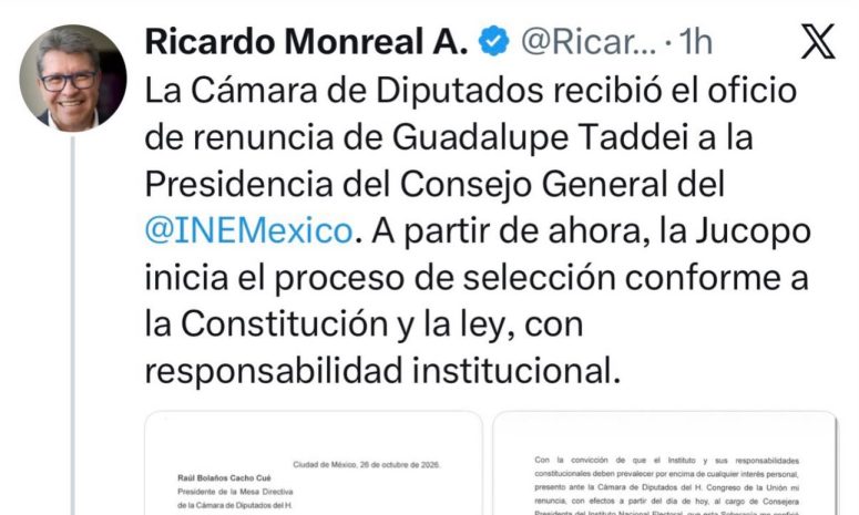 Confirma Ricardo Monreal renuncia de Guadalupe Taddei a la presidencia del INE