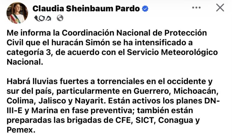 Huracán Simón alcanza categoría 3; Sheinbaum activa protocolos de emergencia ante lluvias torrenciales