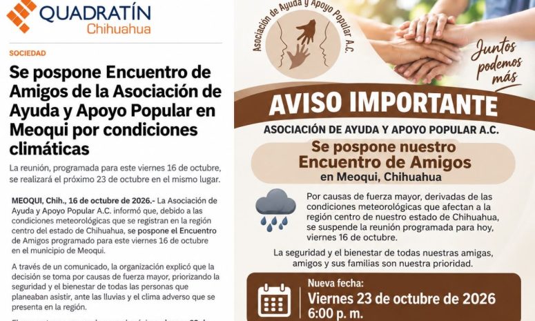 Por lluvias, Asociación de Ayuda y Apoyo Popular pospone encuentro en Meoqui