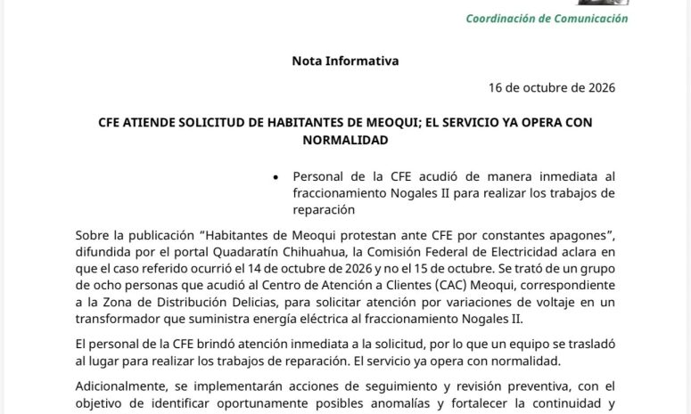 CFE restablece servicio eléctrico en Meoqui tras quejas de vecinos por apagones