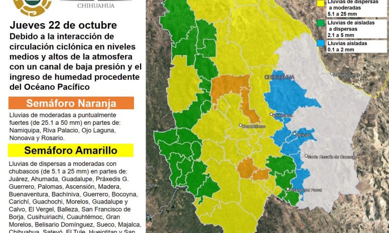Protección Civil activa alerta naranja por lluvias fuertes en municipios de Chihuahua